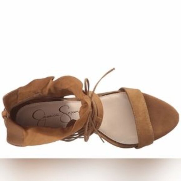 Women's Jessica Simpson Madeena Lace-Up Honey Brown Suede Heels - Picture 6 of 7